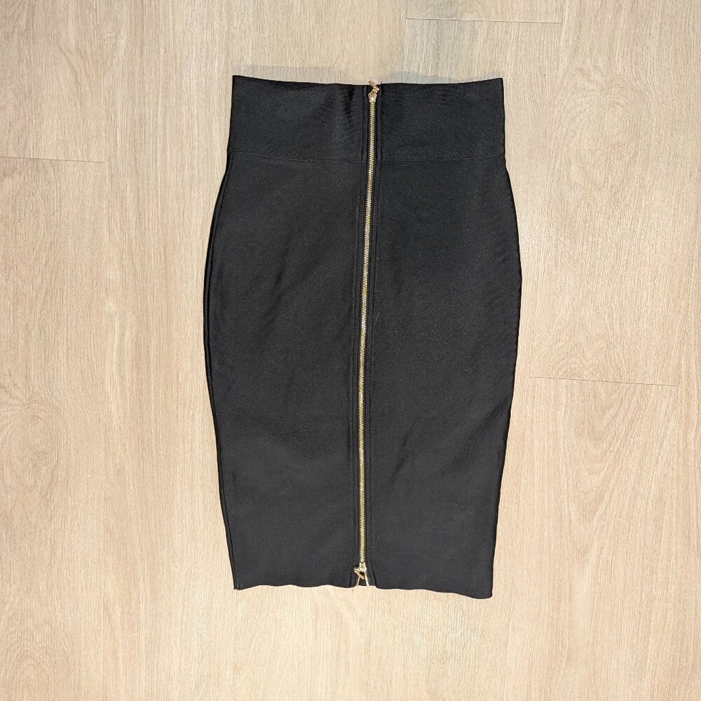 akira black high-waisted midi pencil skirt